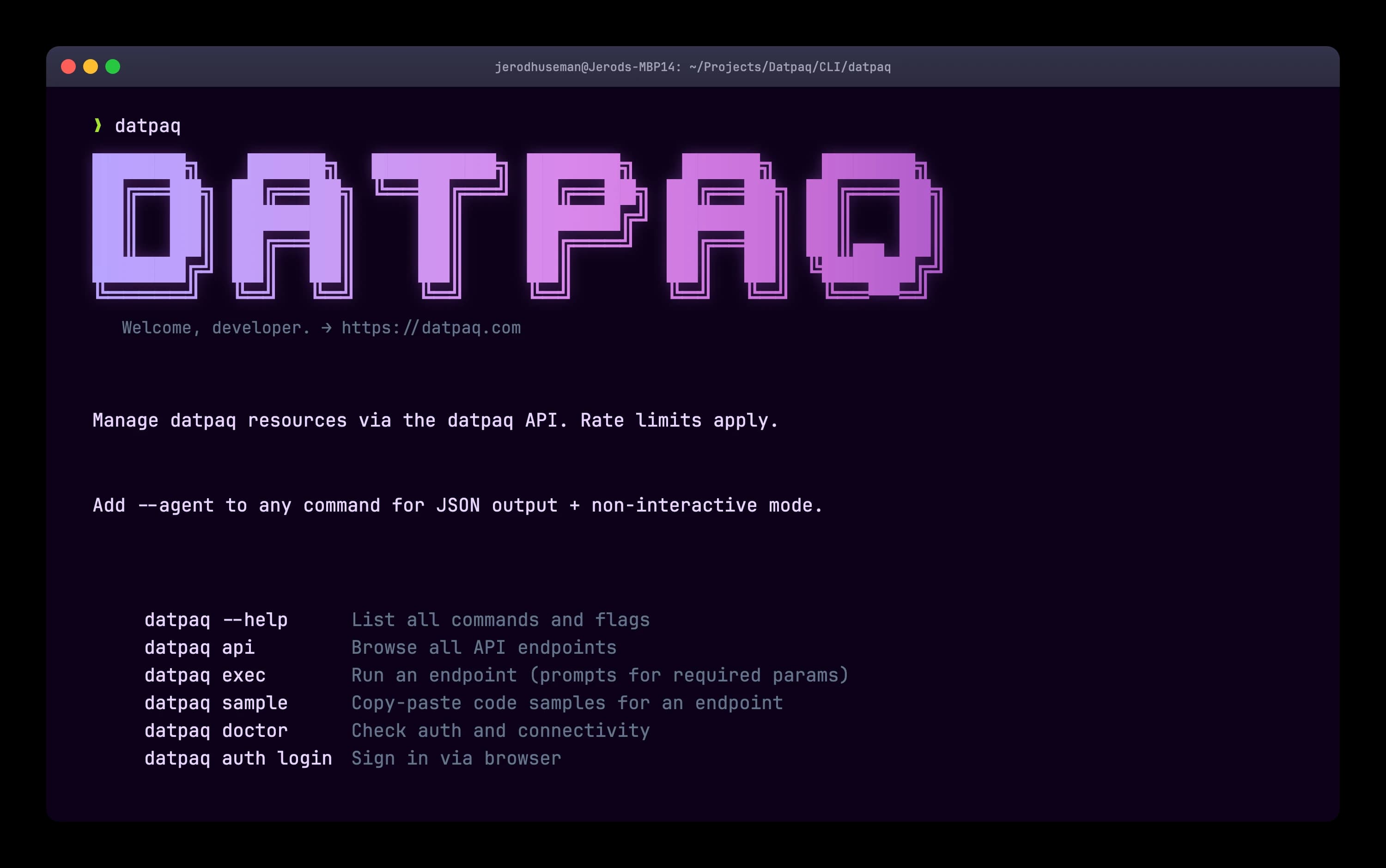 Datpaq CLI splash screen showing the DATPAQ banner and command list